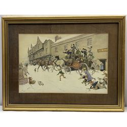 After Cecil Aldin (British 1870-1935): 'Something Like a Christmas!' 'The Christmas Coach at the Bell Inn' and 'A Long Drink', two colour prints and a poster, respectively max 29cm x 43cm (3)