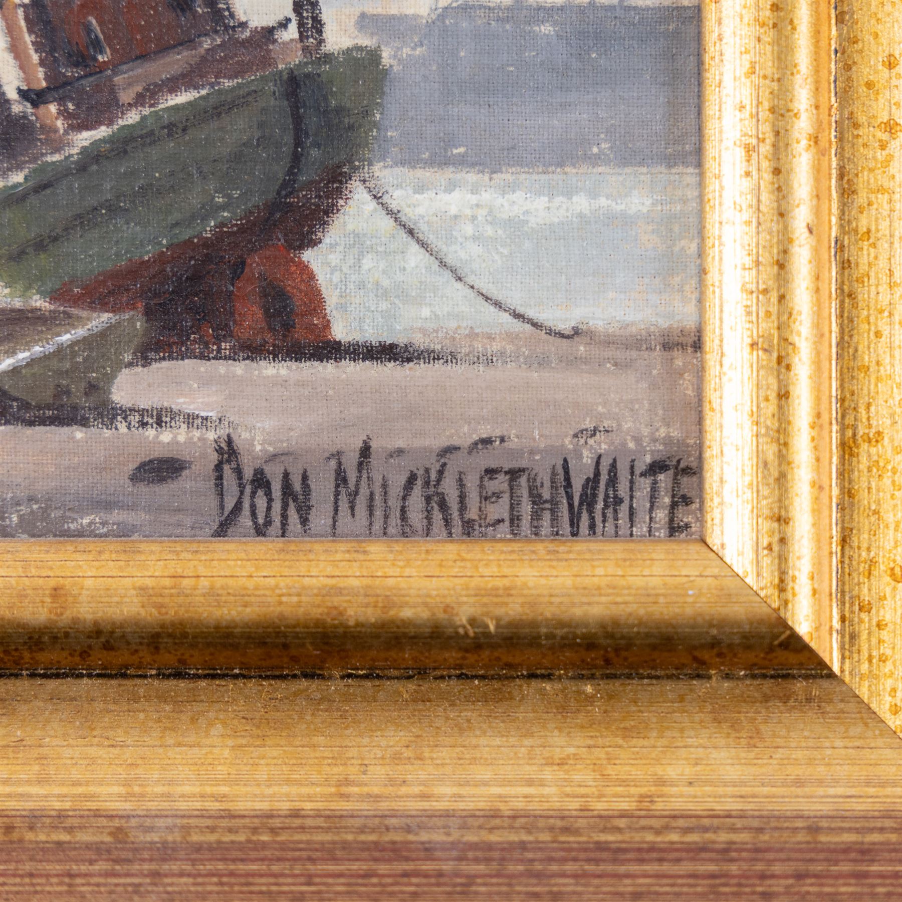 Don Micklethwaite (British 1936-): Scarborough Boats at Low Tide, oil on canvas board signed 13cm x 14.5cm 