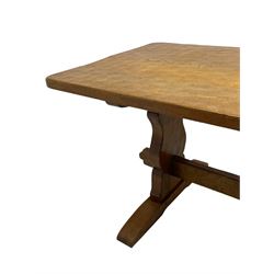 Gnomeman - large oak refectory dining table, rectangular adzed top on shaped end supports with sledge feet, united by pegged stretcher, carved with gnome signature, by Thomas Whittaker, Little Beck