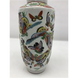 19th century Chinese Canton vase of slender baluster form, decorated with butterflies and floral panel to the neck, H30cm