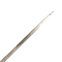 British Infantry officers sword 1897 pattern by Hawkes, the 82cm straight double edged blade with central fuller engraved to both sides, with pierced hilt, wire bound grip, with sword knot leather covered scabbard and complete in its leather transit bag, overall L100cm
