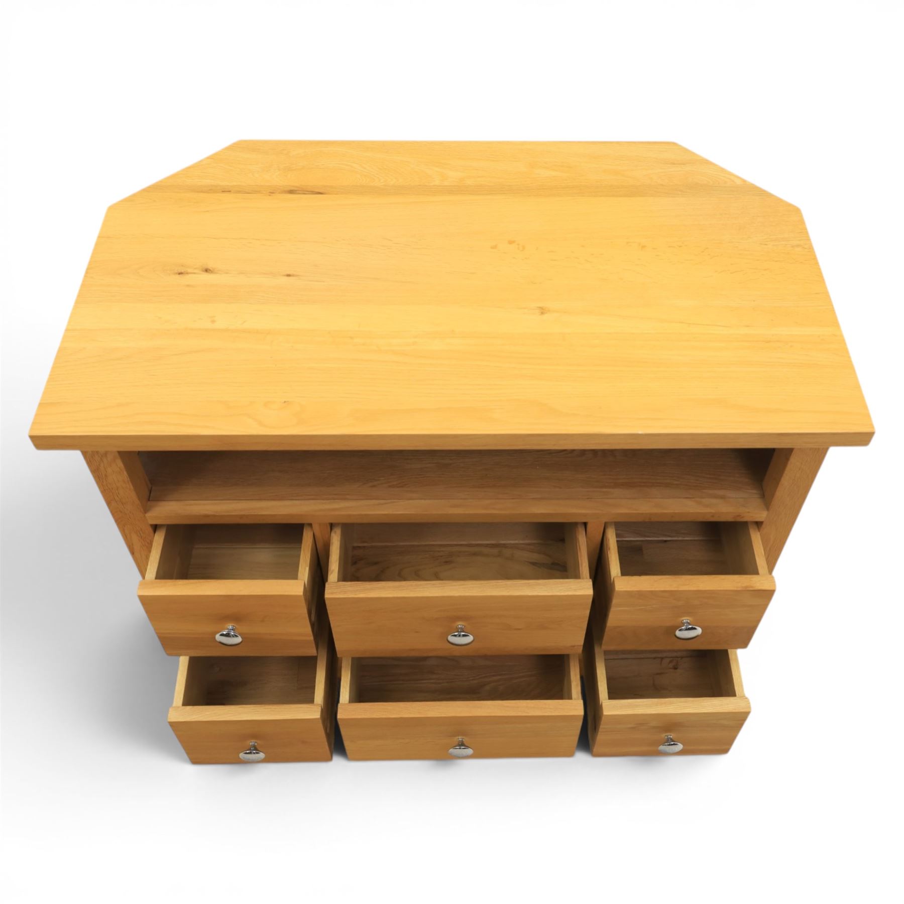 Modern oak living room set comprising; a small side cabinet, corner TV stand and coffee table, cabinet with single drawer and cabinet, finished with metal handles (H 80cm, D 32cm, W 80cm), TV stand with open recess and rear aperture for wires, above nine drawers with chrome pulls (H 62cm, D 50cm, W 84cm)  coffee table with curved edges and full length undertier (H 50cm, D 60cm, W 90cm)  