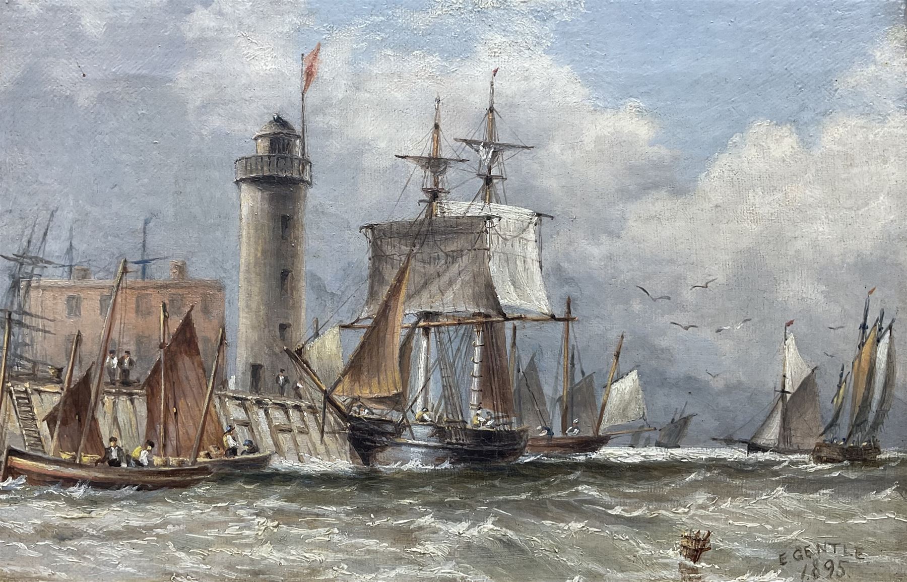 Edward Gentle (British 1823-1910): 'Scarborough Pier and Lighthouse', oil on canvas signed and dated 1895, titled verso 14cm x 22cm 
