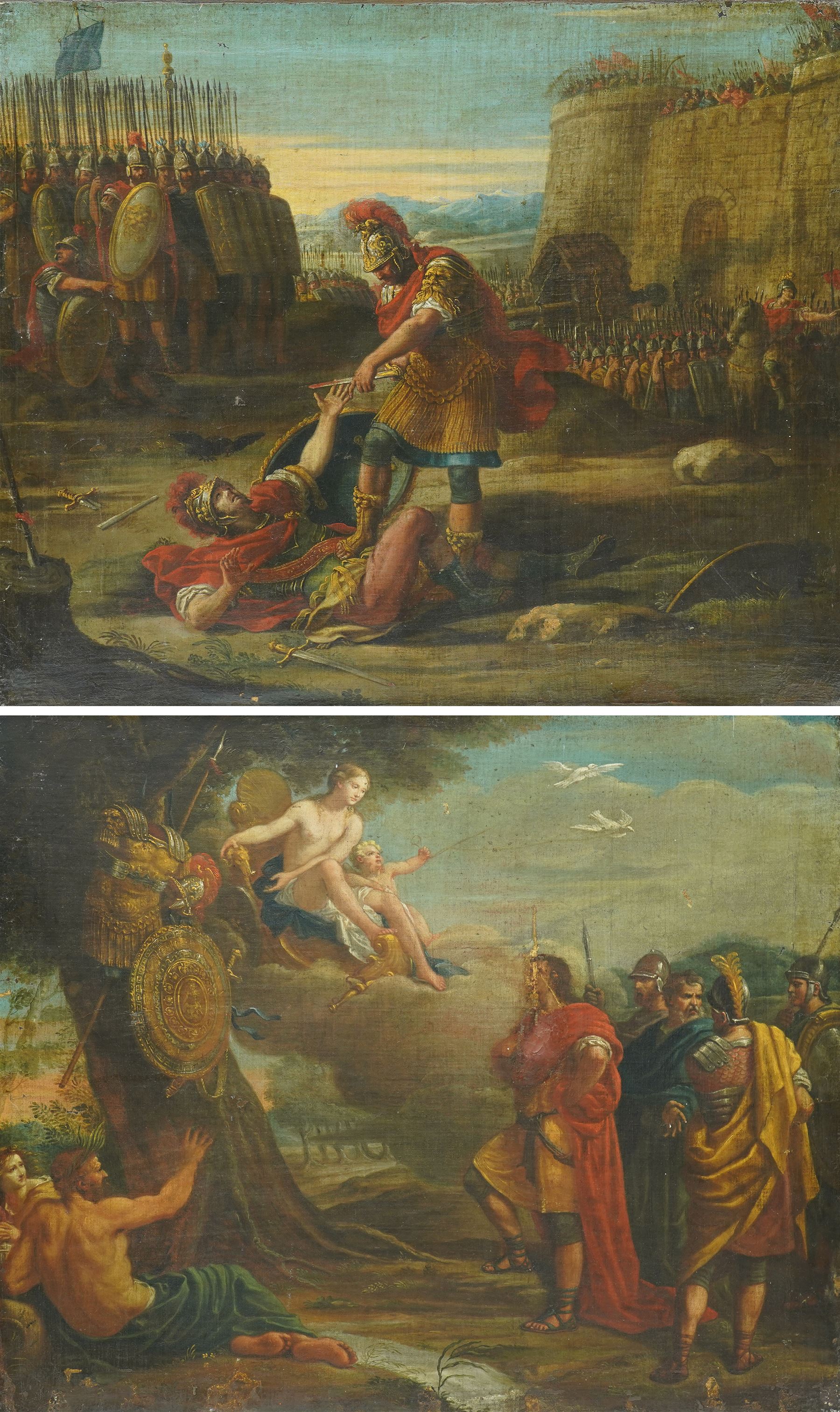 Circle of Pompeo Girolamo Batoni (Italian 1708-1787): 'Venus Presenting Aeneas with Armour' and 'Aeneas slaying Turnus', pair 18th century oils on canvas unsigned 64cm x 76cm (2)
Notes: both paintings depict iconic scenes from Virgil's Aeneid - the former illustrating Book VIII, with Venus descending upon a cloud accompanied by Cupid to present the divine arms forged by Vulcan, as Aeneas and his companions look on. The second depicts the climactic duel from Book XII, with Aeneas poised to deliver the fatal blow to Turnus before the assembled armies.