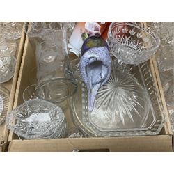 Four boxes of glassware to include painted vases, jugs, drinking glasses, art glass vase etc