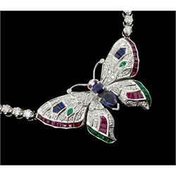 White gold butterfly necklace, the diamond, sapphire, ruby and emerald set butterfly, suspending from a round brilliant cut diamond necklace, stamped 14K, diamond weight approx 6.20 carat