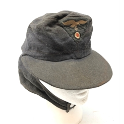  WW2 German Luftwaffe M-43 field cap, blue wool with one piece eagle and cockade insignia, two button front, cloth lined interior   