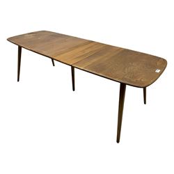 Lucian Ercolani for Ercol - light elm and beech 'Bellingdon' extending dining table, rectangular top with pull-out mechanism and hinged leaf, on splayed tapered supports