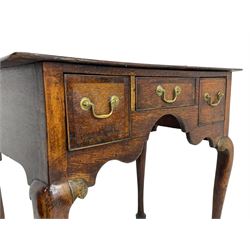 18th century oak low-boy, rectangular top over three crossbanded and cock-beaded drawers, ogee and stepped arch apron, on cabriole supports 