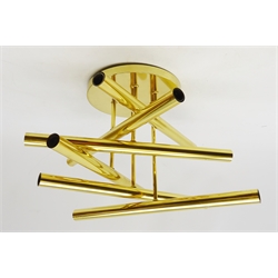  1970's polished brass light fitting by Gaetano Sciolari (1927-1994), circular supporting six suspended double-end branches, D48cm x H32cm   