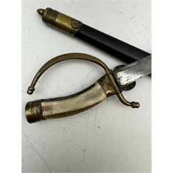 German hunting cutlass 34cm singled edged blade etched, the horn handle with gilt metal acorn devices, the shell guard embossed with crown, in gilt brass mounted leather scabbard with acorn stud, L56cm