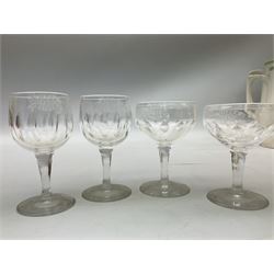 Wilson Line of Hull - five graduated ceramic jugs by Weatherby, Adams and Crown Ducal, largest H22cm, sets of six port and liqueur glasses, four silver plated menu holders and glass ashtray (22)  