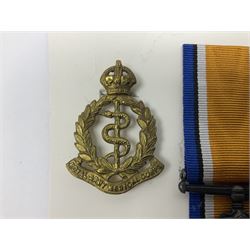 George V India General Service Medal with Afghanistan N.W.F. 1919 clasp and WW1 British War Medal awarded to 79561 Pte. R.D. Rowbottom R.A.M.C.; both with ribbons; card mounted with cap badge and Medical Corps cloth badge