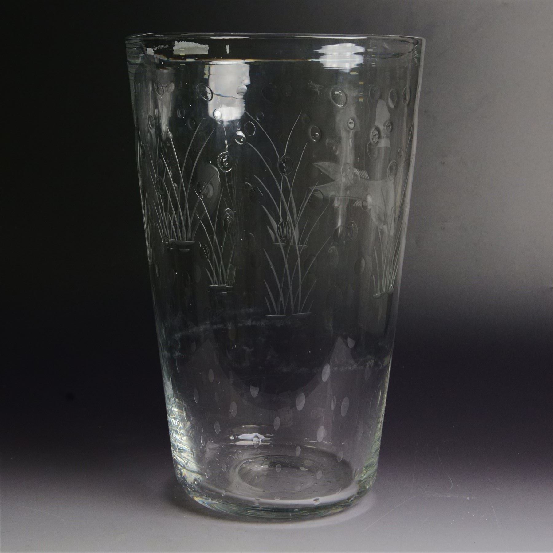 David Hammond for Thomas Webb, glass fish vase, with  air bubble inclusions, etched and engraved with a fish, marked beneath, H30cm