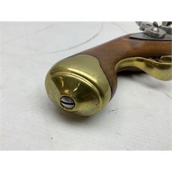 Reproduction non-firing flintlock pistol with brass skull crusher butt, the lock-plate inscribed 'Tower' and 'GR' L40cm; Sabre Japan Original Bowie Knife in sheath; and Indian embossed nickel two-piece walking cane (3)