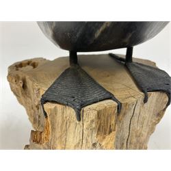Wooden sculpture of Cormorant aquatic bird on a naturalistic wooden plinth, H46cm