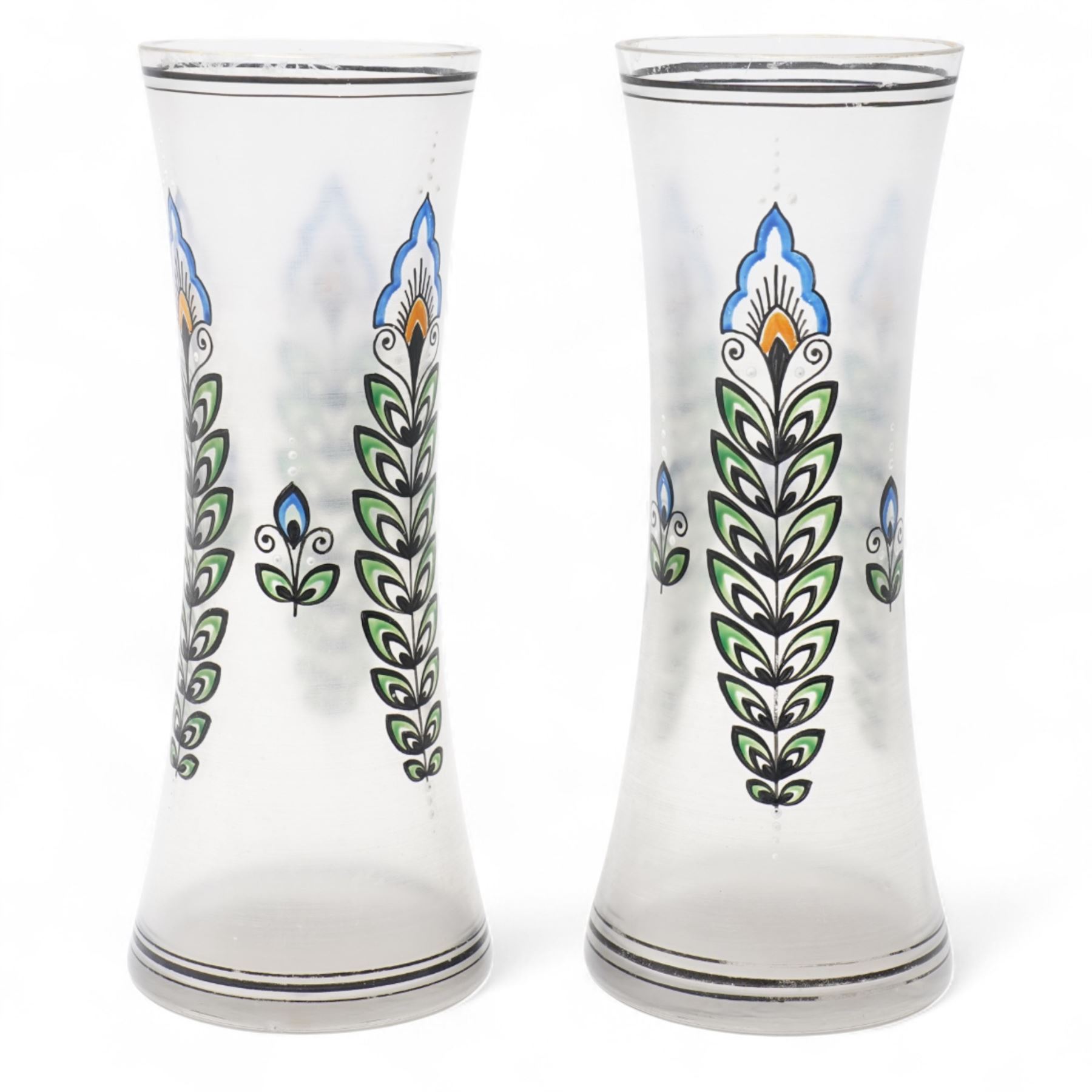 Pair of Art Deco glass vases, in the style of Haida Fachschule, with painted decoration, H25cm (2)