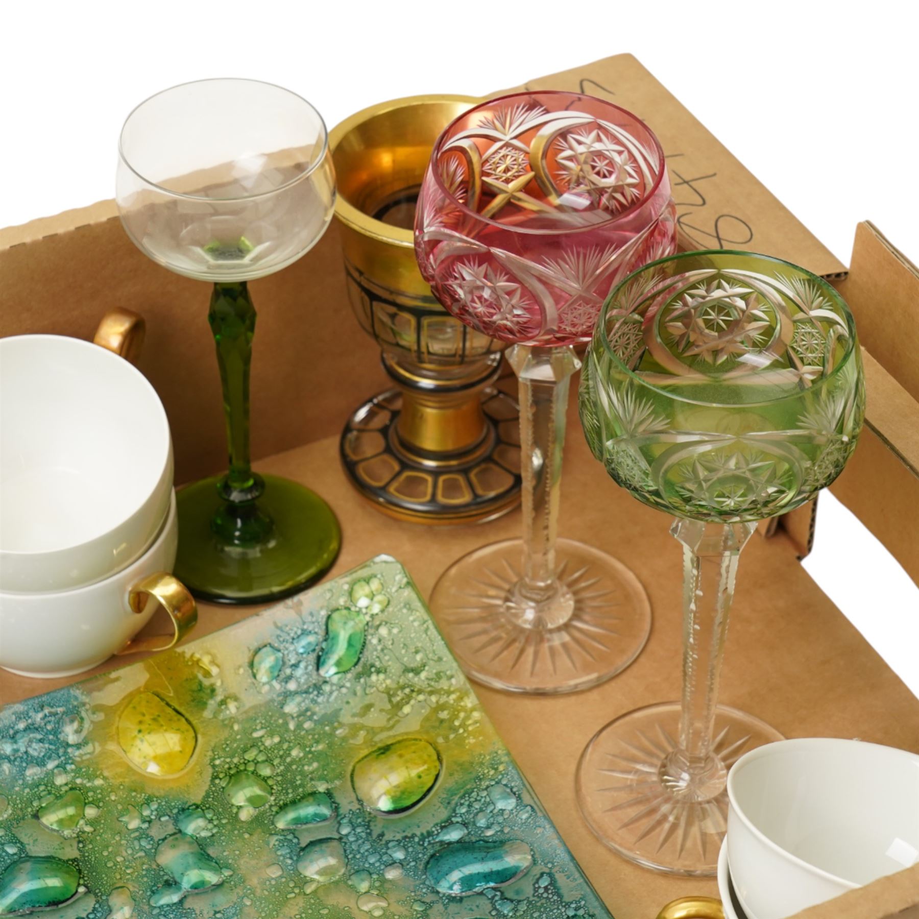 Bohemian black and gilt goblet with other Bohemian glassware, and a collection of continental teawares