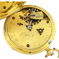 Victorian 18ct gold open face key wound lever pocket watch by Edward Bevan, Birkenhead, No. 4502, gilt dial with Roman numerals, case engraved with foliate decoration, makers mark C E, London 1874, in fitted silk and velvet lined case