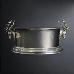 Large oval silver plated champagne cooler, with stag handled, upon a stepped base, H16cm, L38cm