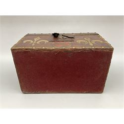 20th century box, decorated in faux leather with the royal coat of arms and GR 1719 to hinged cover, with fleur-de-lis, lion, crown and rose motifs throughout and studs to all edges, opening to reveal a purple velvet interior containing three removable wooden trays, H18.5cm