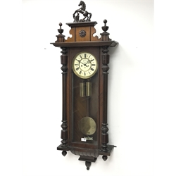  Large Victorian walnut Vienna type wall clock with prancing horse cresting and turned finials, twin weight Gustav Becker movement half hour striking on a coil, H126cm  