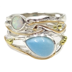 Silver with 14ct gold wire opal and larimar ring, stamped 925  