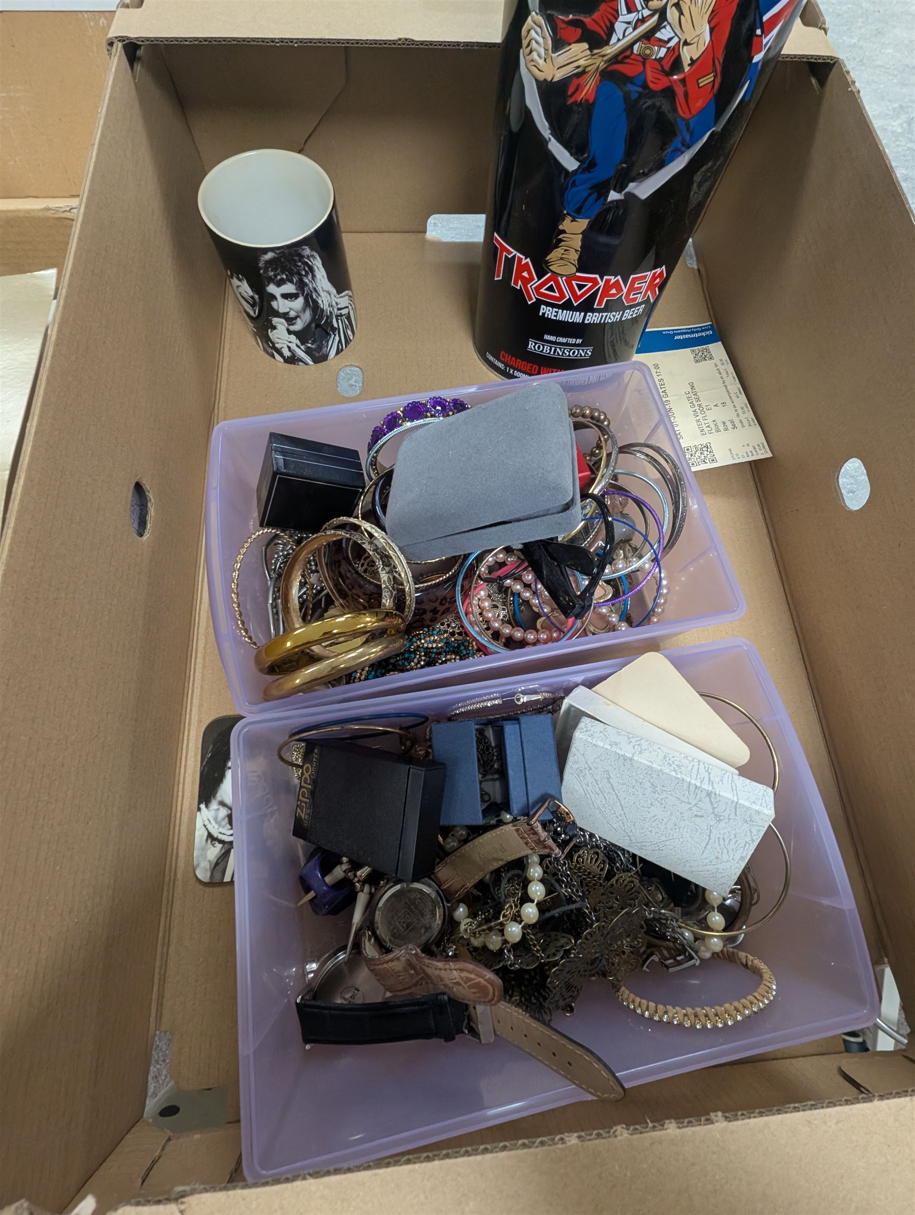 Pair of men's Adidas Samba trainers, Iron Maiden Trooper Beer, three DeAgostini Jaguar E Type magazines and a collection of costume jewellery