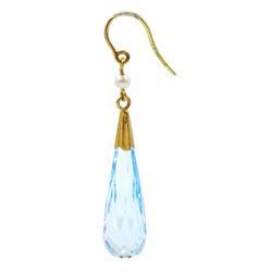 Pair of 18ct gold Swiss blue topaz and pearl pendant earrings, London 1994