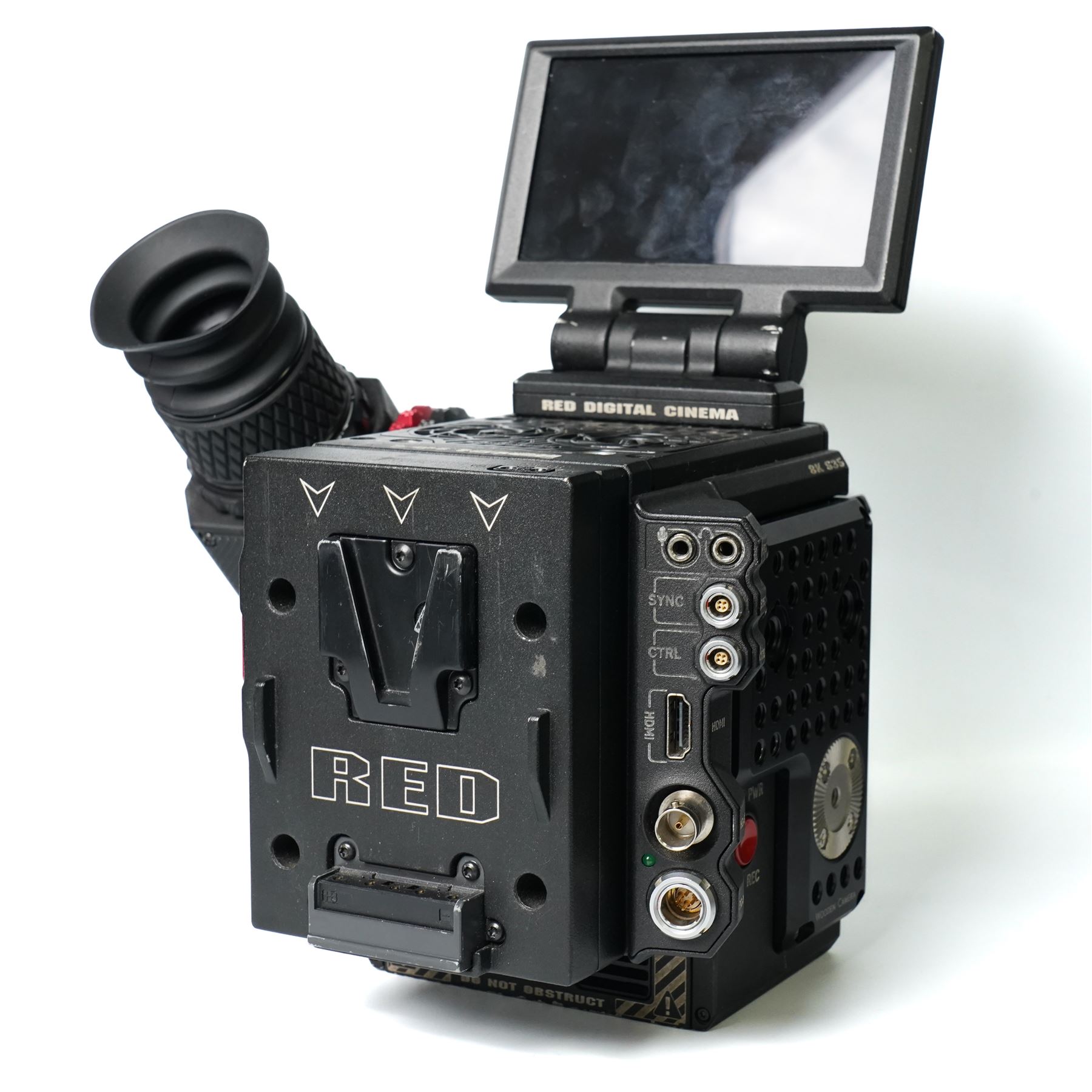 RED Epic-W Helium 8K camera body serial no. 13024E6A9, with RED EVF, three RED Mini Mag 512GB cards, one 480 Mini Mag card and reader, two RED V-Mount batteries and charger, RED top handle, Wooden Camera Easy Top top plate and one other top plate, various accessory cables, Wooden Camera bridge plate for 19mm studio rods, 12 inch Wooden Camera Dovetail plate and four 19mm studio rods to include two 380mm and two 610mm, with original Epic-W camera box and contained within a custom cut flight case