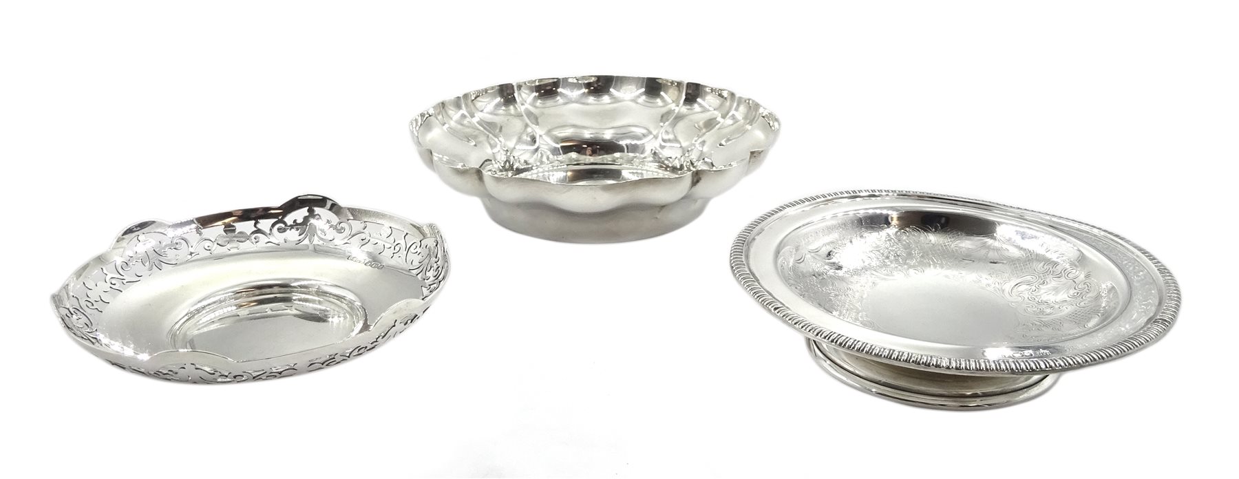 Silver dish by Barker Ellis Silver Co, Birmingham 1974, silver pedestal dish by E H P Co Ltd, Sheffield 1975 and one other, approx 14.2oz