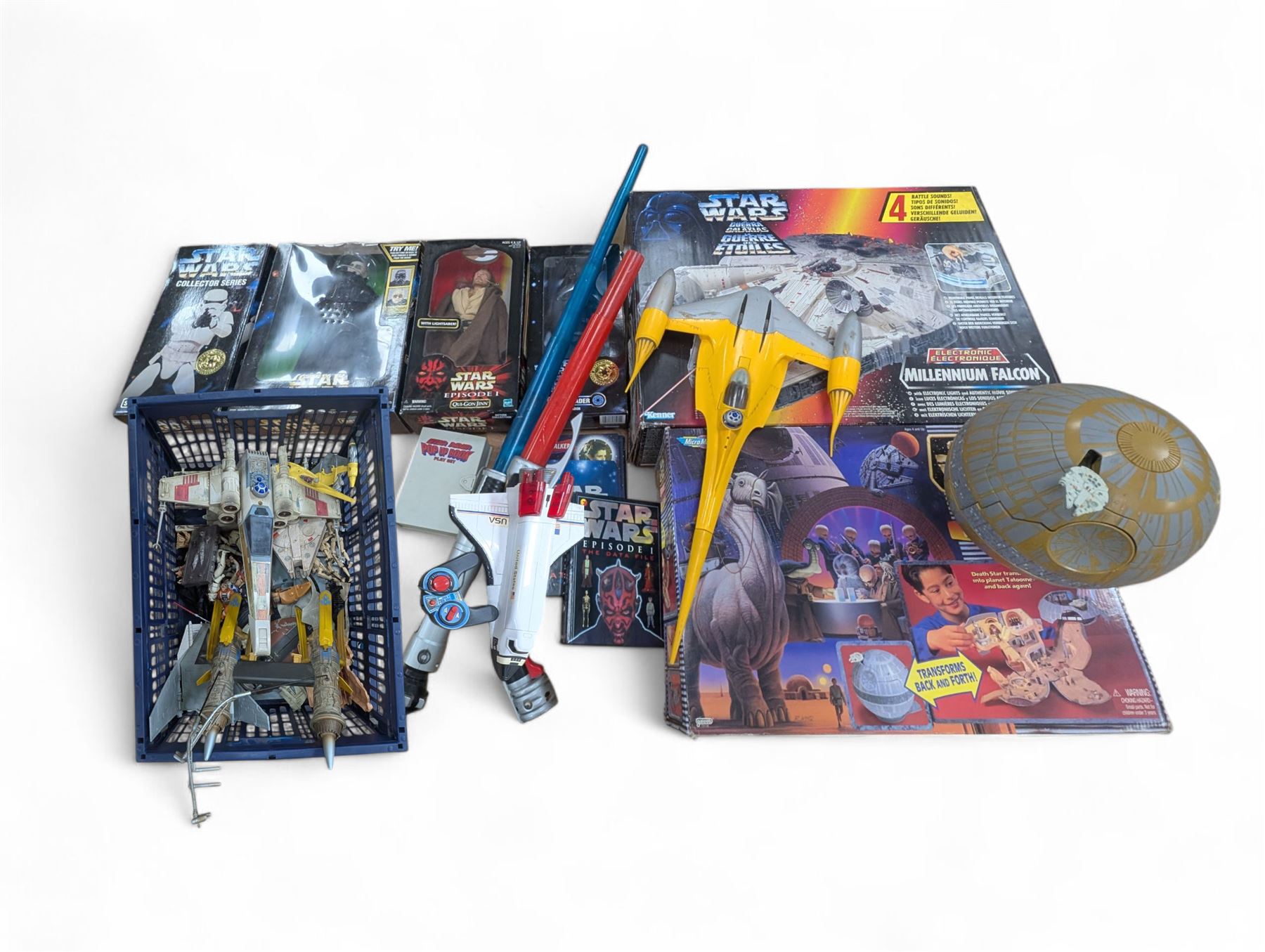 Star Wars figures and playsets, comprising Kenner Millennium Falcon, Galoob Micromachines Death Star, Kenner Dark Vador figure, Kenner Collectors Edition Storm Trooper, kenner Electronic Darth Vader and Hasbro Episode I Qui-Gon Jinn, all boxed and a collection of loose Star Wars figures and vehicles