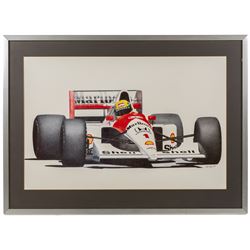 Four Formula 1 racing prints by Nik Curry, including a signed limited edition example, all within silver frames, H38cm, W59cm