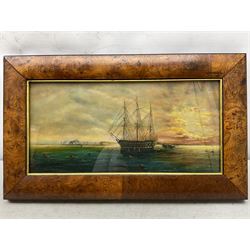 D Vincento (Continental Early 20th century): Man of War Ship at Sunset, oil on panel signed 19cm x 39cm