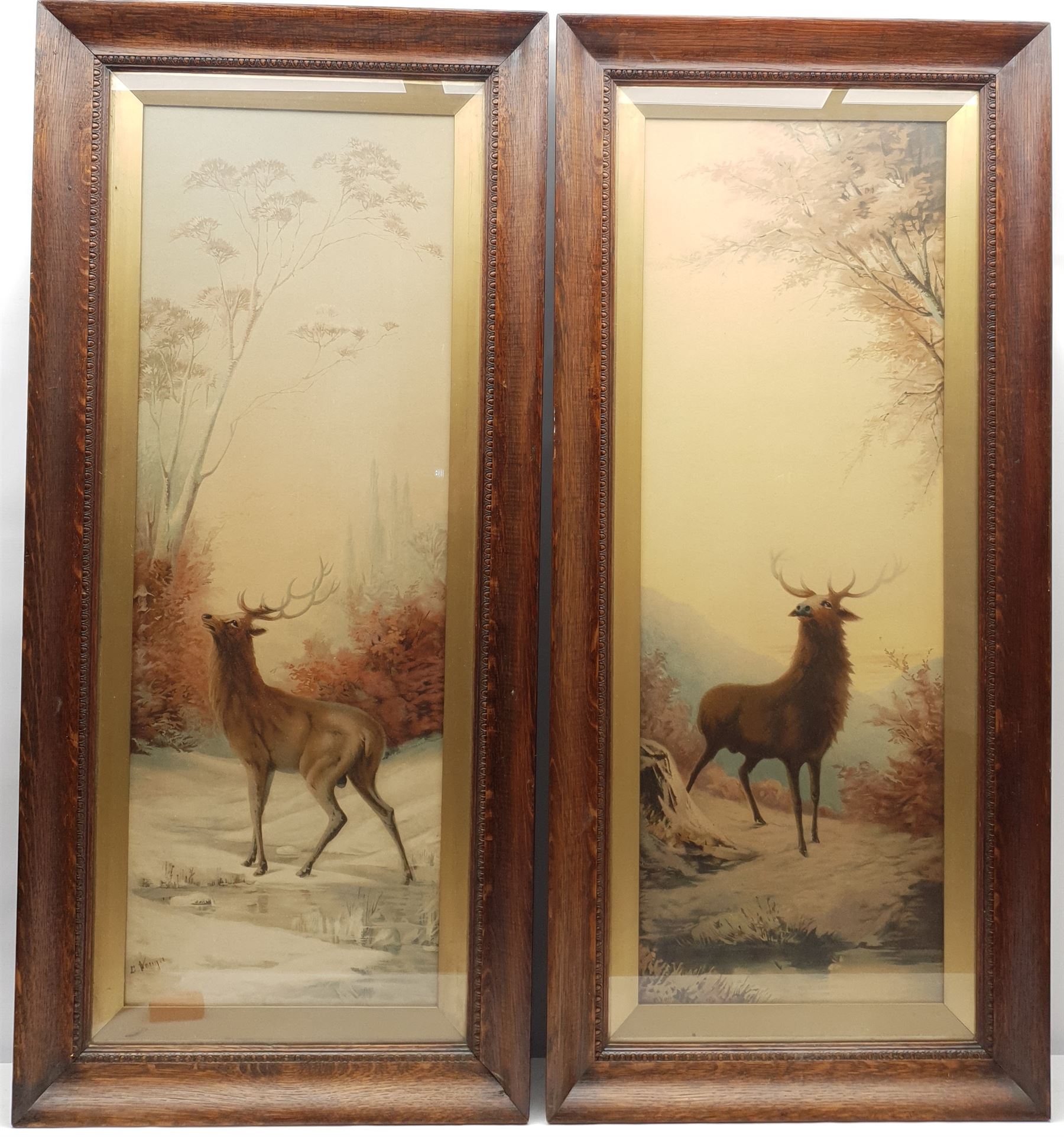 After Emilie Vouga (Swiss 1840-1909): Stags in Winter Landscapes, pair colour prints in Edwardian oak frames 92cm x 32cm