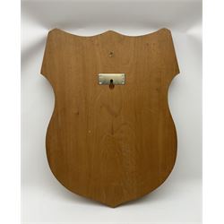 Five wooden shield plaques for mounting taxidermy of various sizes, largest H67cm, D51cm. 