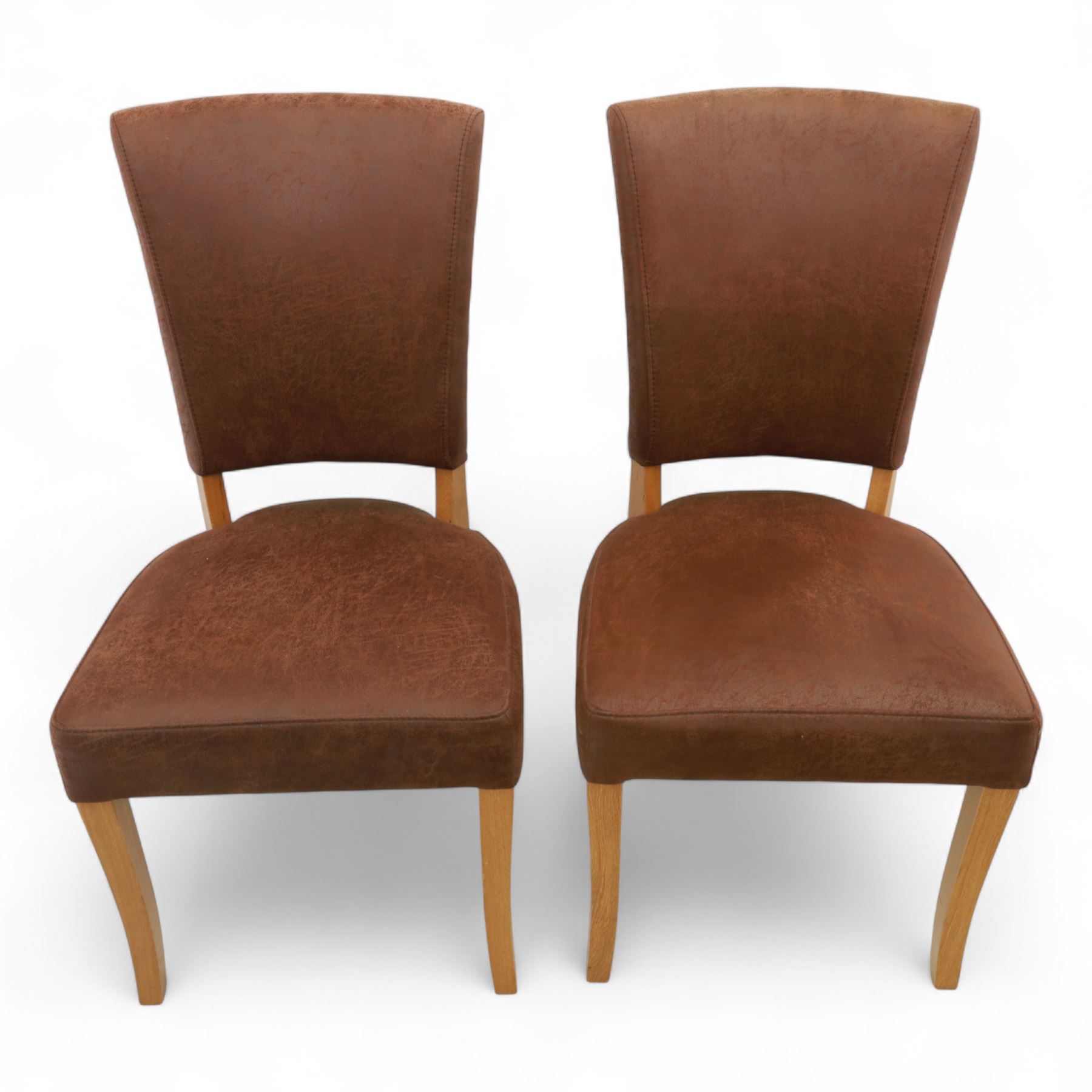 Contemporary oak dining suite, comprising rectangular table with solid top and square legs, together with four brown leather upholstered dining chairs with oak legs (5)