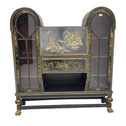 Early 20th century black lacquered and Chinoiserie decorated bureau bookcase, central fall front bureau with fitted interior flanked by arched bookcases enclosed by astragal glazed doors, decorated with traditional landscape and figural scenes