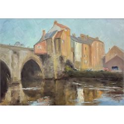 Neil Tyler (British 1945-): 'Elvet Bridge Durham', oil on canvas signed, titled verso 49cm x 69cm