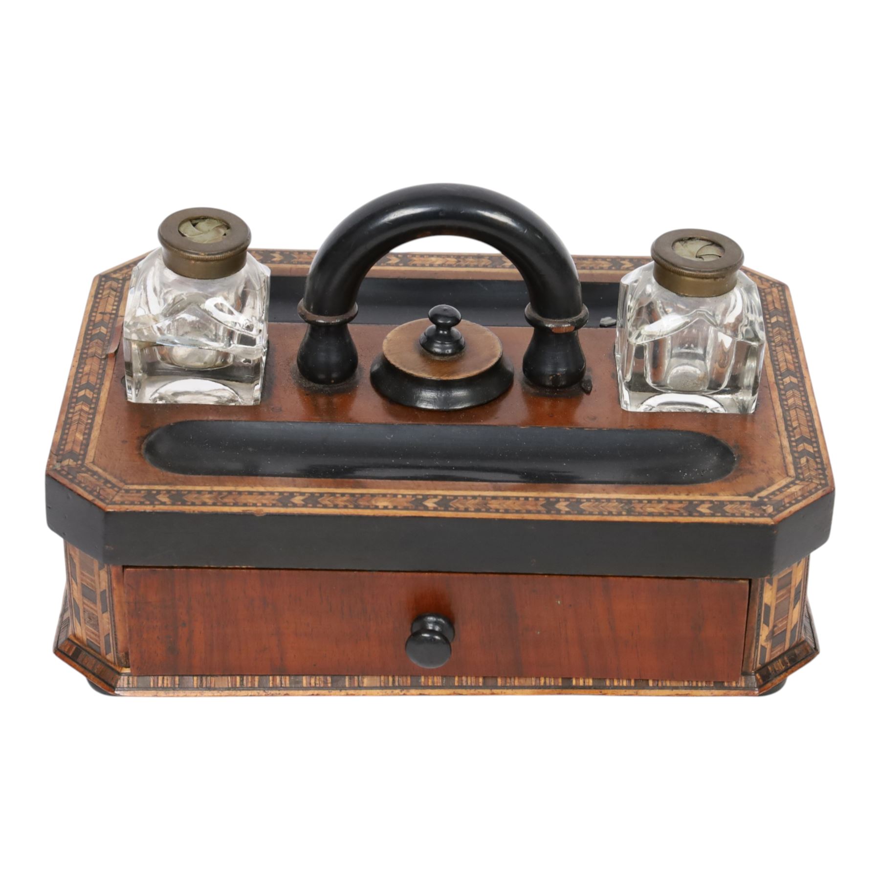 Tunbridge desk stand, with ebonised handle, twin inkwells with Thomas Morton 'The Maze' closing lids, with draw to the front 