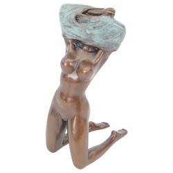 Bronze figure, modelled as kneeling nude woman removing her shirt, signed Milo, H17cm