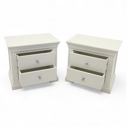 Coxwold Company - pair of white painted jumbo bedside cabinets, with two deep drawers and chrome knob handles,  shaped apron base