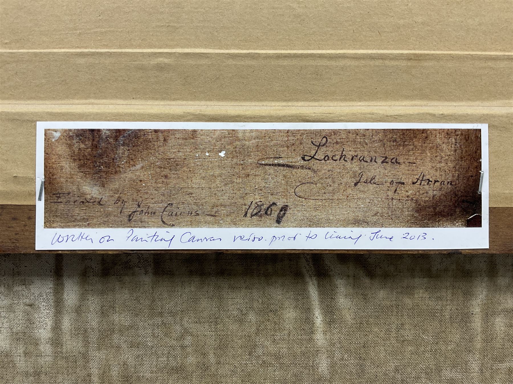 John Cairns (Scottish fl.1845-1870): 'Lochranza - Isle of Arran', oil on canvas, signed and titled with artist's Edinburgh address on original label verso 50cm x 80cm 
Provenance: private collection, purchased Shapes Auctioneers Edinburgh 27th April 2002 Lot 326