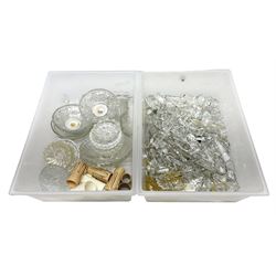 Quantity of glass chandelier drops, including coloured examples, chandelier drip trays etc in two boxes