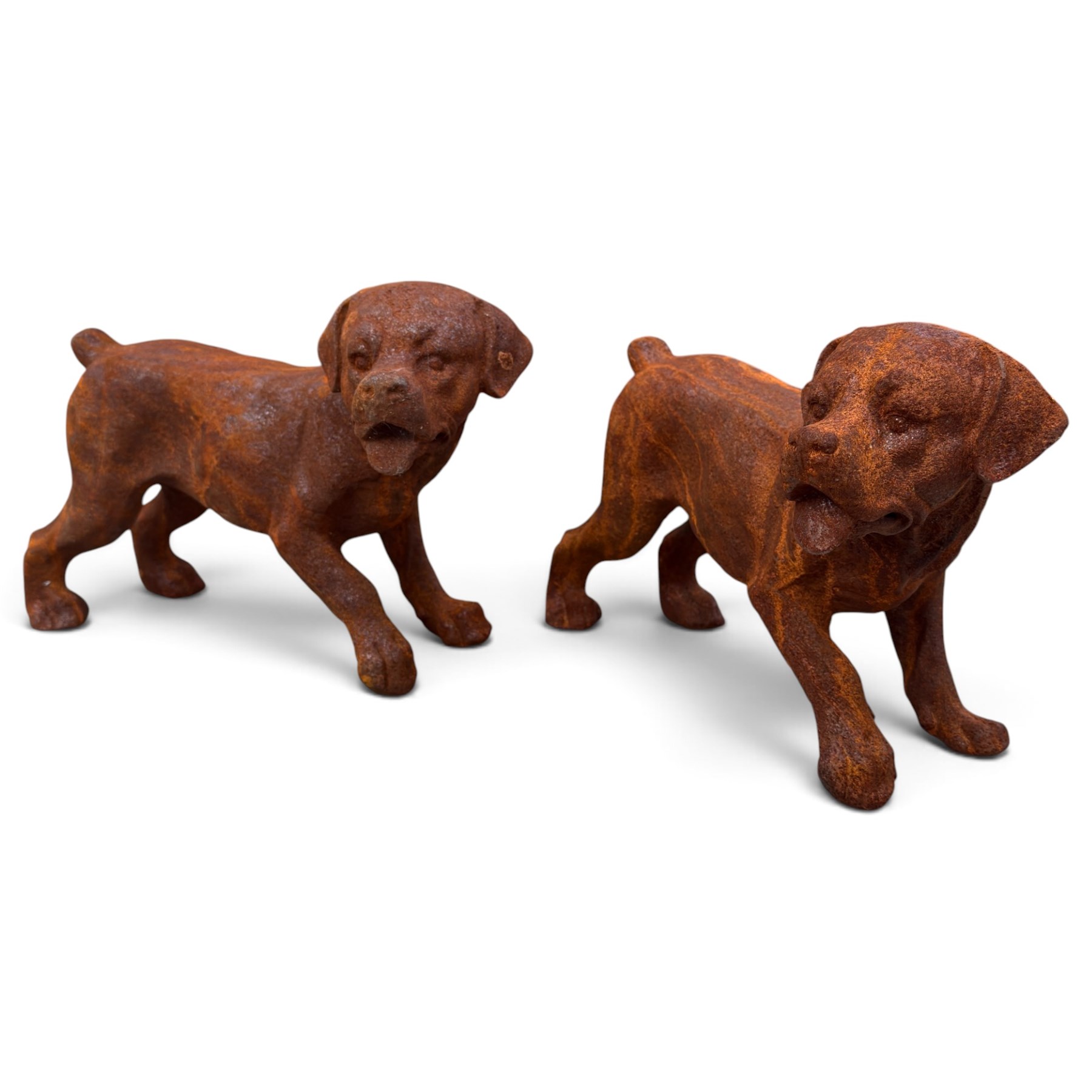 Pair of weathered cast iron garden ornaments modelled as playful Rottweiler puppies, in rusted finish