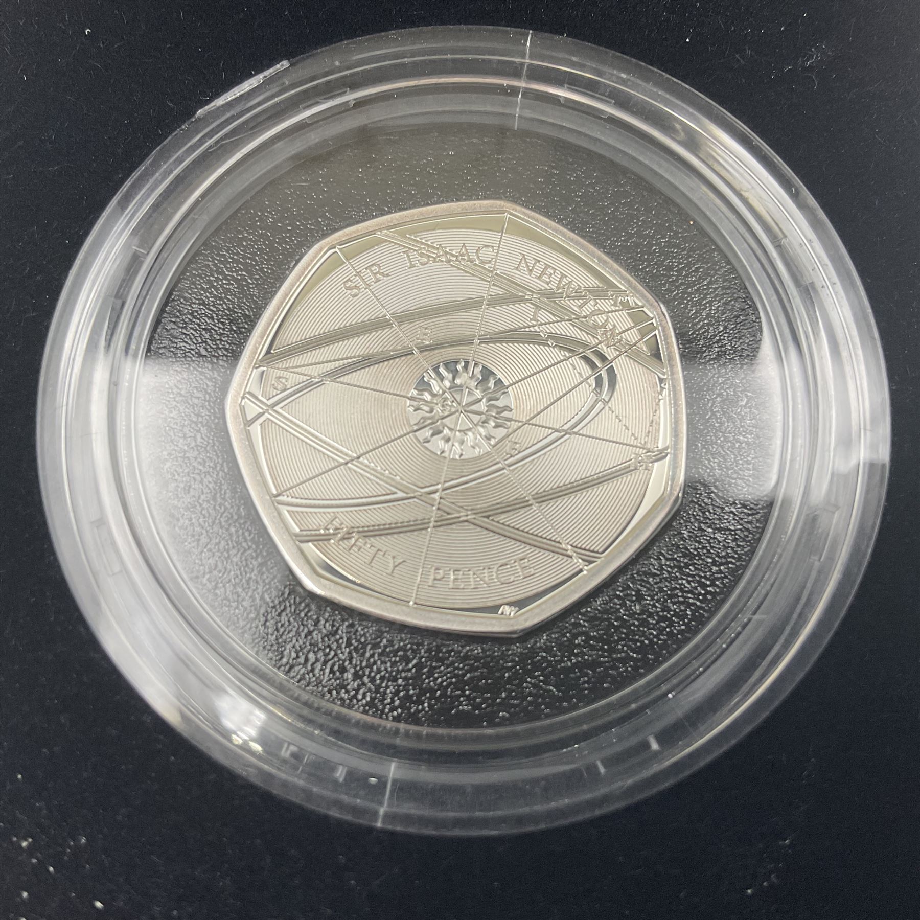 Three The Royal Mint United Kingdom silver proof piedfort fifty pence coins, comprising 2017 'Sir Isaac Newton', 2019 'A Celebration of Sherlock Holmes' and 'Celebrating the Life of Stephen Hawking', all cased with certificates 