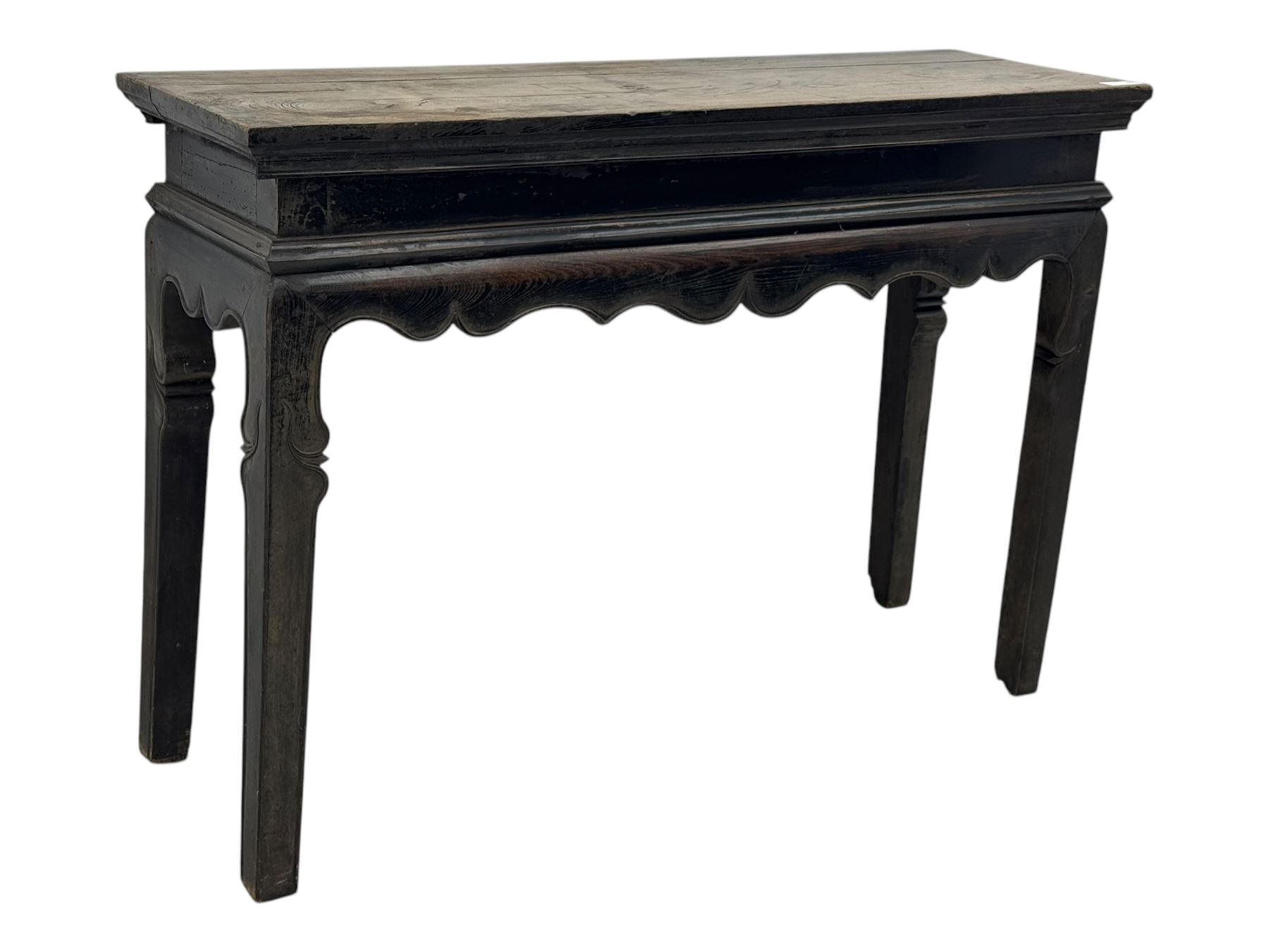 19th century Chinese black lacquer console table, rectangular moulded top over full-width drawer and scalloped apron with carved corner details, raised on square-section legs