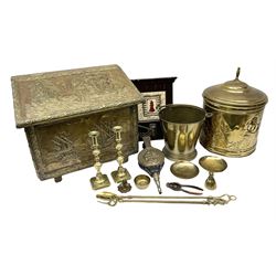 Brass twin handled lidded coal bucket of cylindrical form with ship scene, together with another coal bucket with hinged lid and similar decoration and other brass items, largest example H40cm