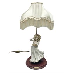 Capodimonte figural table lamp, signed Vittorio Sabadin, with fabric tassel shade, H59cm