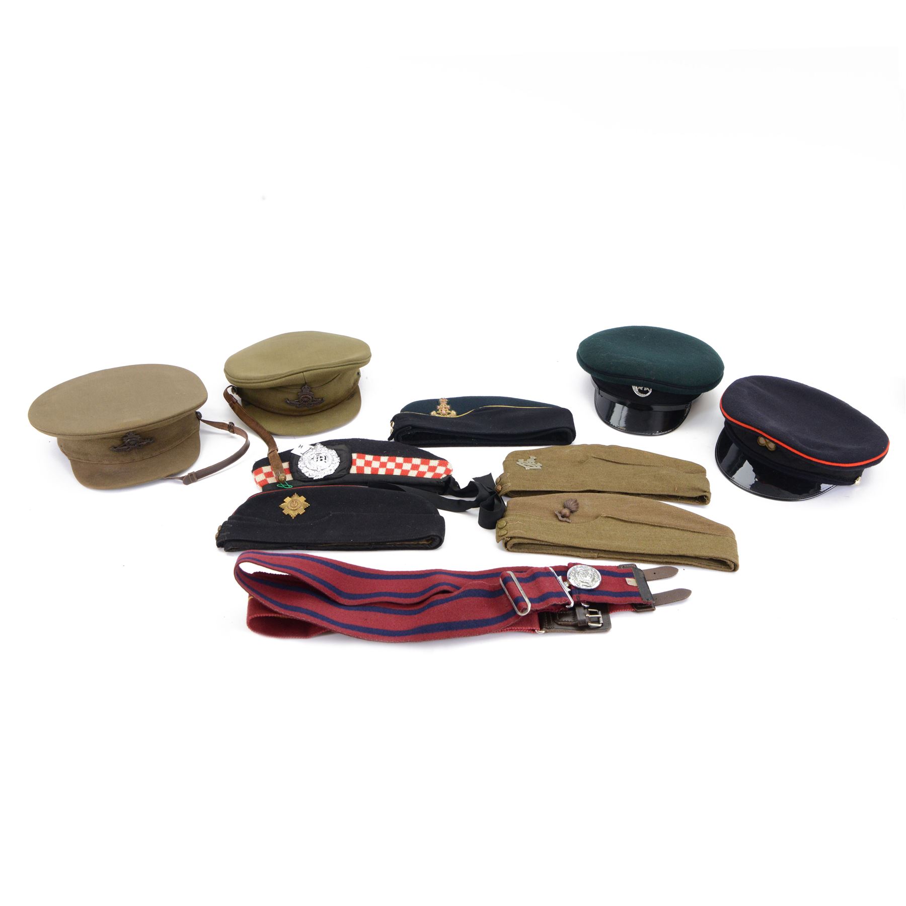 Collection of military caps, including Green Howards forage cap by Herbert Johnson, Officer's Royal Artillery cap by Bates Hatters, Glengarry cap by Mackie and Co etc 